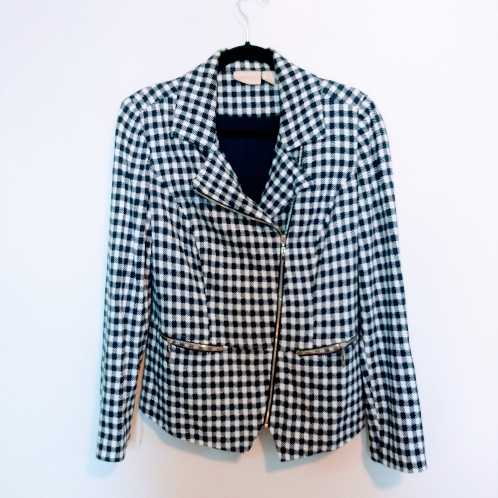 Chicos gingham moto asymmetric jacket in blue and white.  Zips up front with lin - Picture 3 of 7